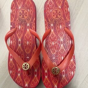 Tory Burch Red-Orange Patterned Logo Flip Flops
